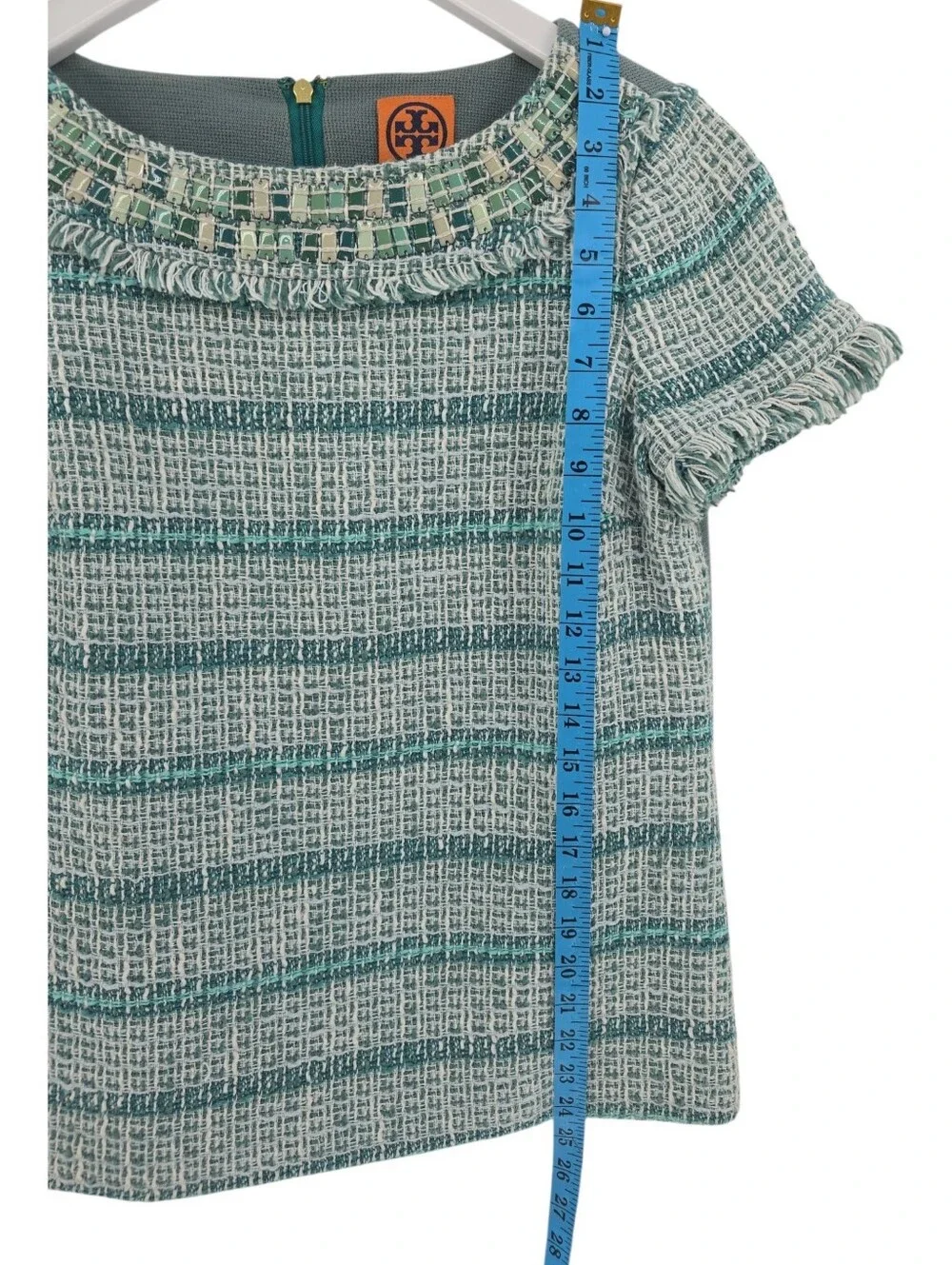 Tory Burch Joan Ribbon Tweed Blouse Size 2 Beaded Collar Striped Teal Fringe